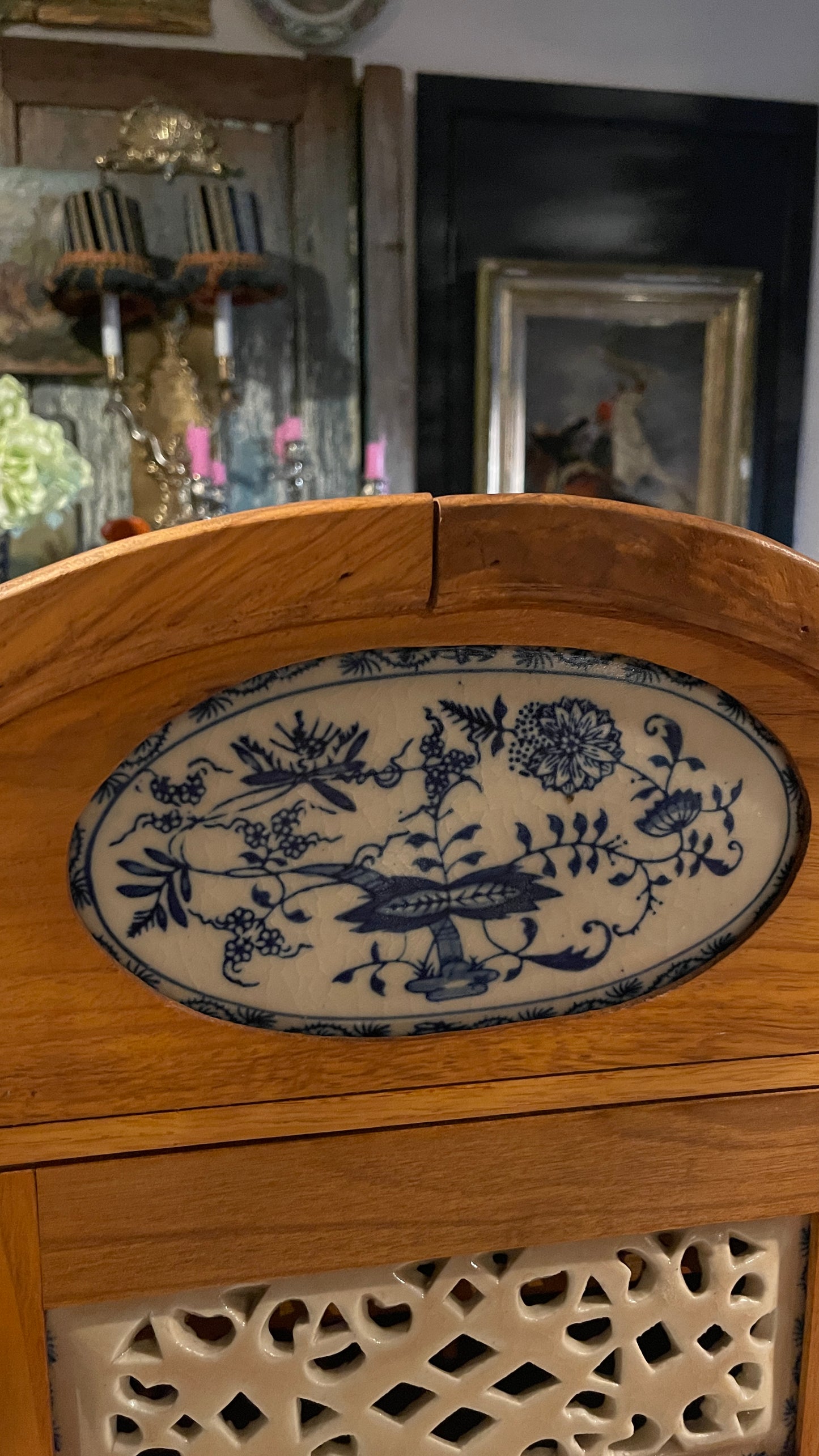 Early 20th-Century European Blue & White Ceramic Drawer Spice Cabinet | Blue Onion Style