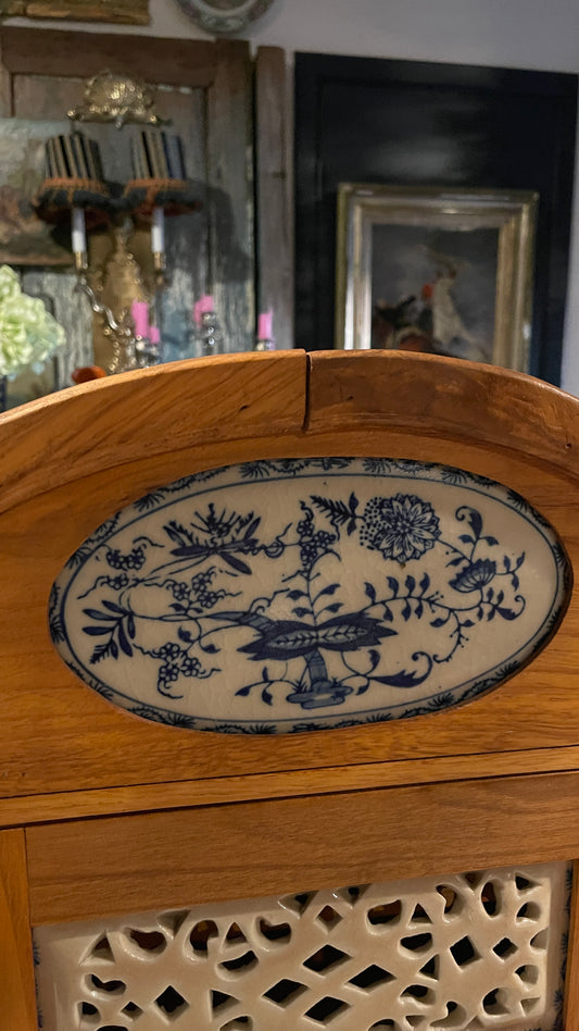 Early 20th-Century European Blue & White Ceramic Drawer Spice Cabinet | Blue Onion Style