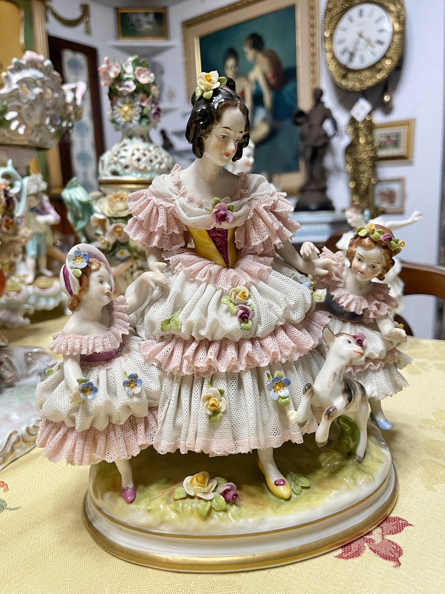 Antique Dresden Lace Porcelain Figurine Group | Mother & Daughters with Frolicking Goat | Pink & White Rococo Dress Scene