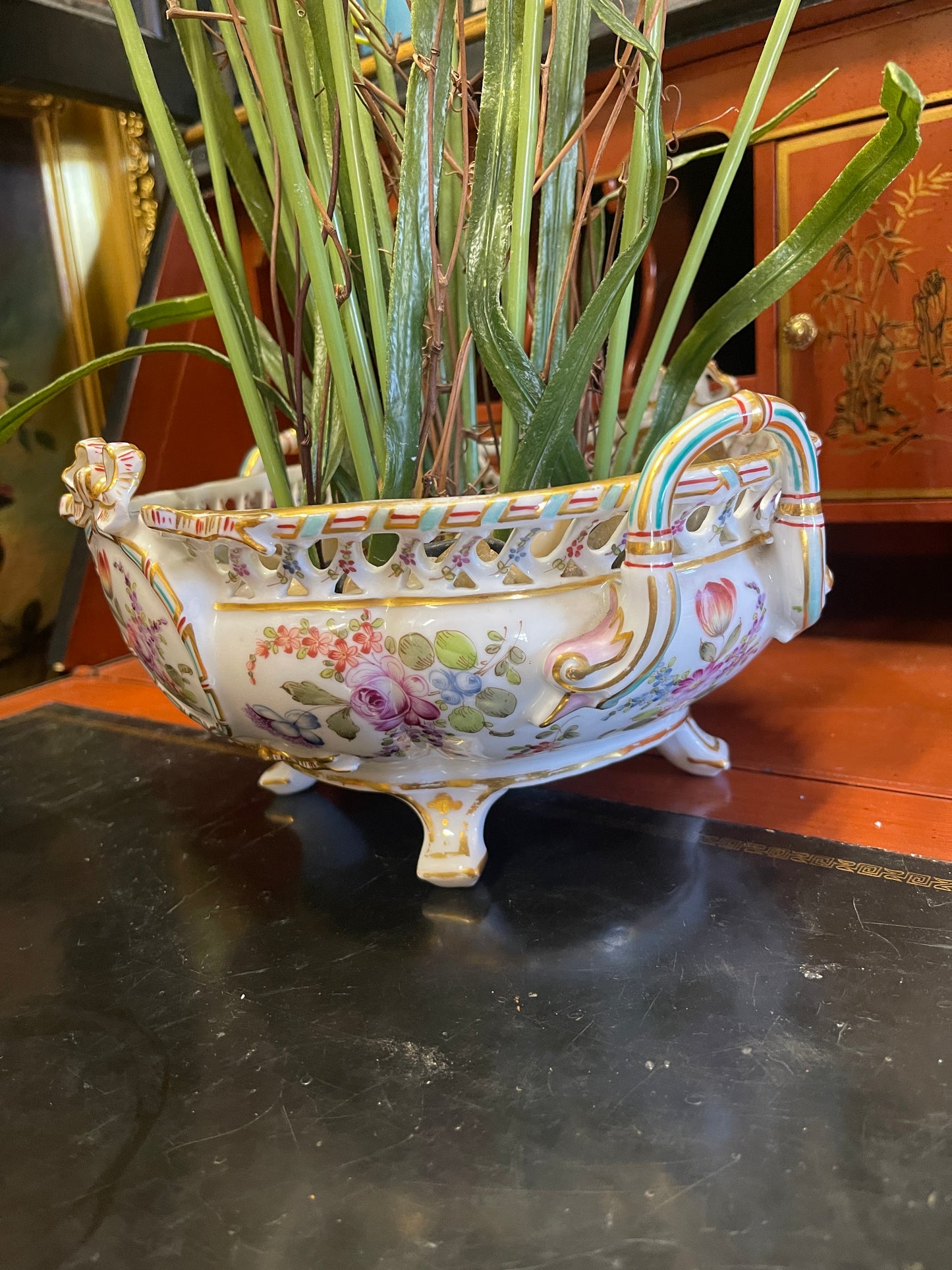 Vintage Meissen Footed Jardinière Bowl | Marked | Hand-Painted Floral Bouquets and Bow with Gilt Detail