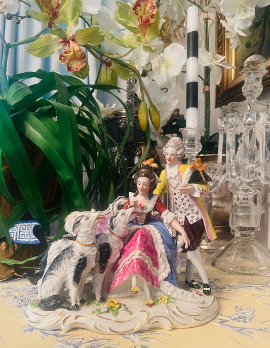 Antique Sitzendorf German Porcelain Group Figurine with Borzoi Dogs | Rococo Courting Scene- 9” tall