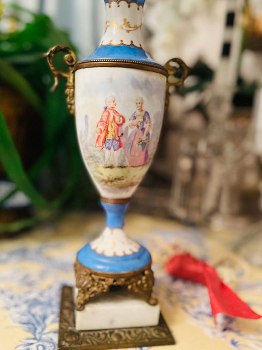 French Sevres Style  Hand Painted Porcelain Urn Lamp