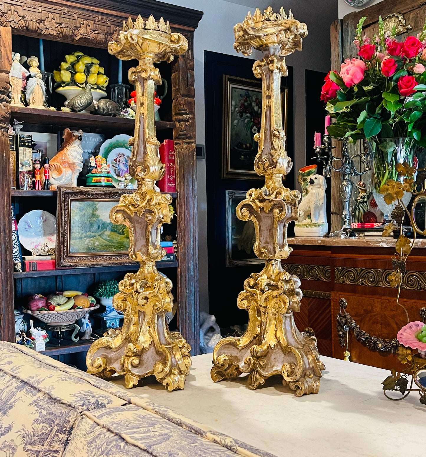 Vintage French Blue & Giltwood and Gesso Altar Sticks — Pair
