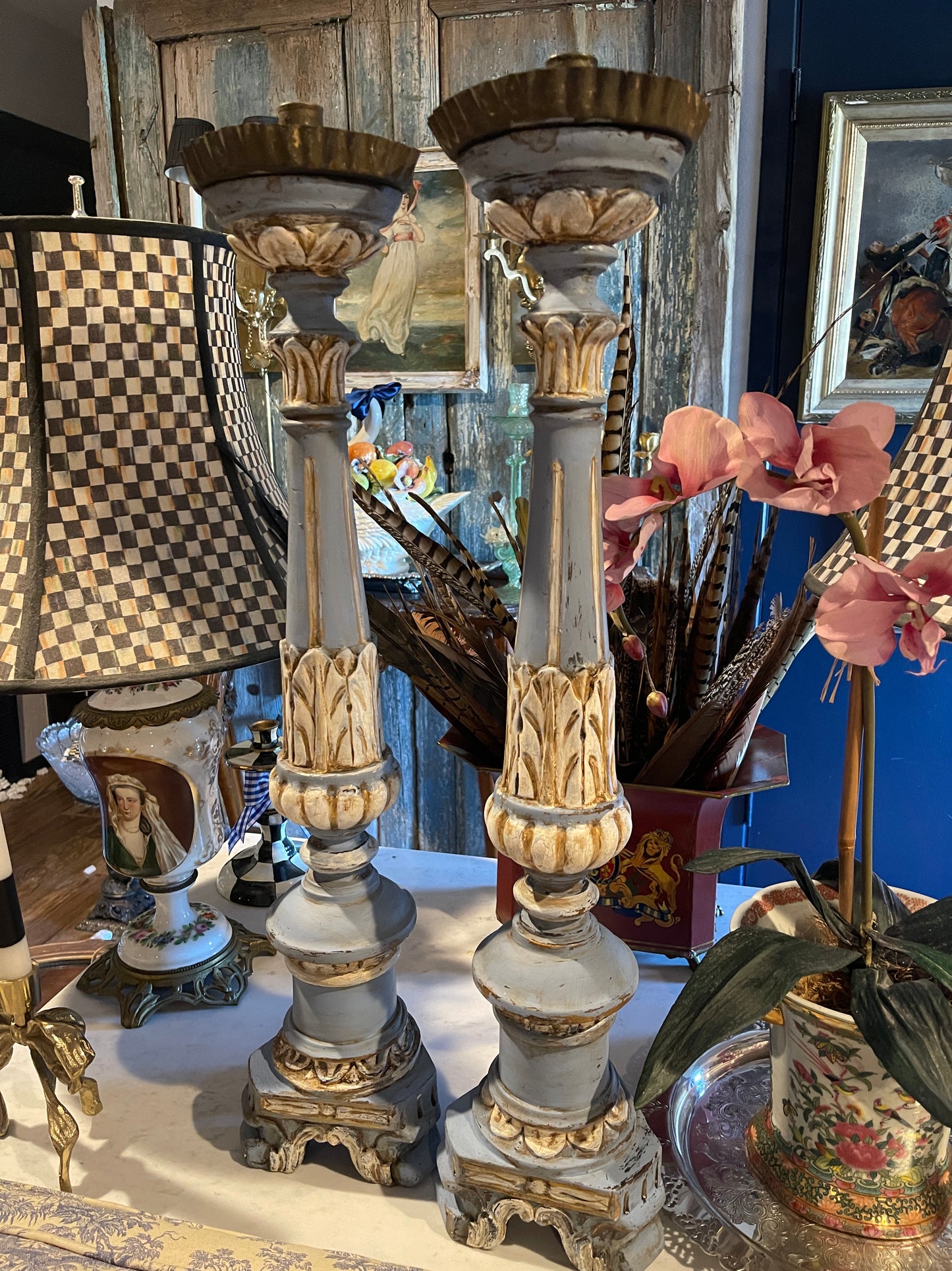 Pair of Vintage French Altar Sticks – Hand-Carved Wood with Gilded Accents