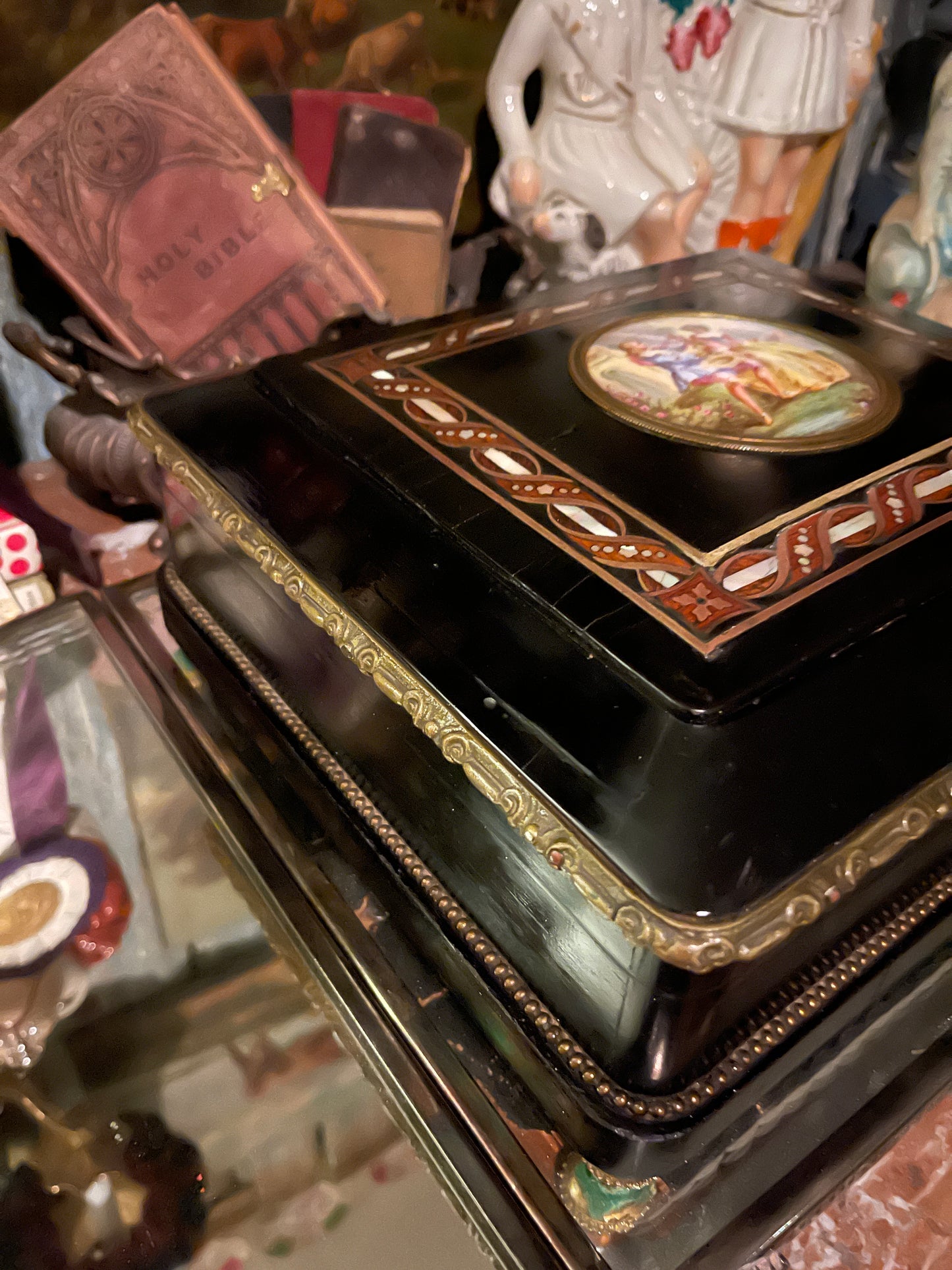 19th Century French Napoleon III Ebonized Mother-of-Pearl Inlaid Box with Hand-Painted Porcelain Plaque – Round Top Find