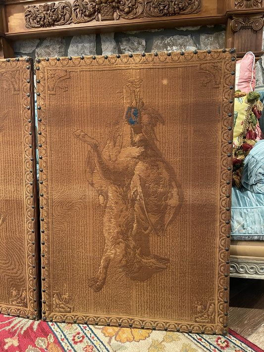 19th Century French Game Tapestries Mounted on Wood with Antique Upholstery Nail Head Trim - FANTASTIC!