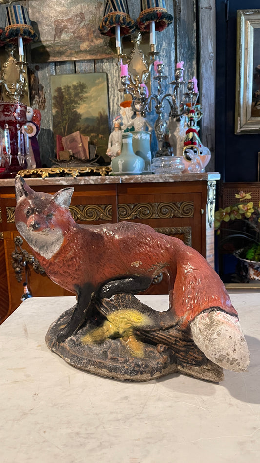 Chippy & Charming — Hand-Painted Cement Fox | 11” H × 14” L × 8” D