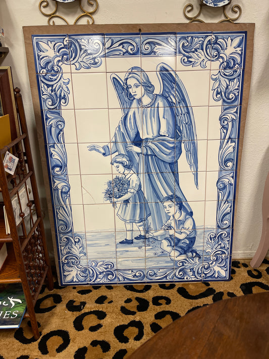 Large Vintage Portuguese Blue and White Tile Mural of a Guardian Angel Watching Over Children
