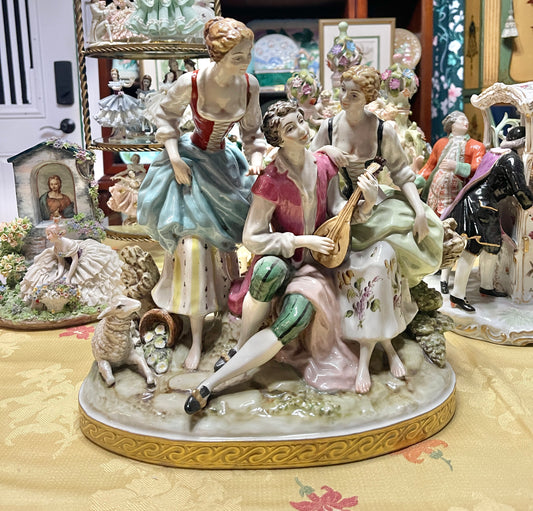 Large Vintage Spanish Porcelain Figural Centerpiece | Rococo Courting Scene with Sheep | 12” Tall
