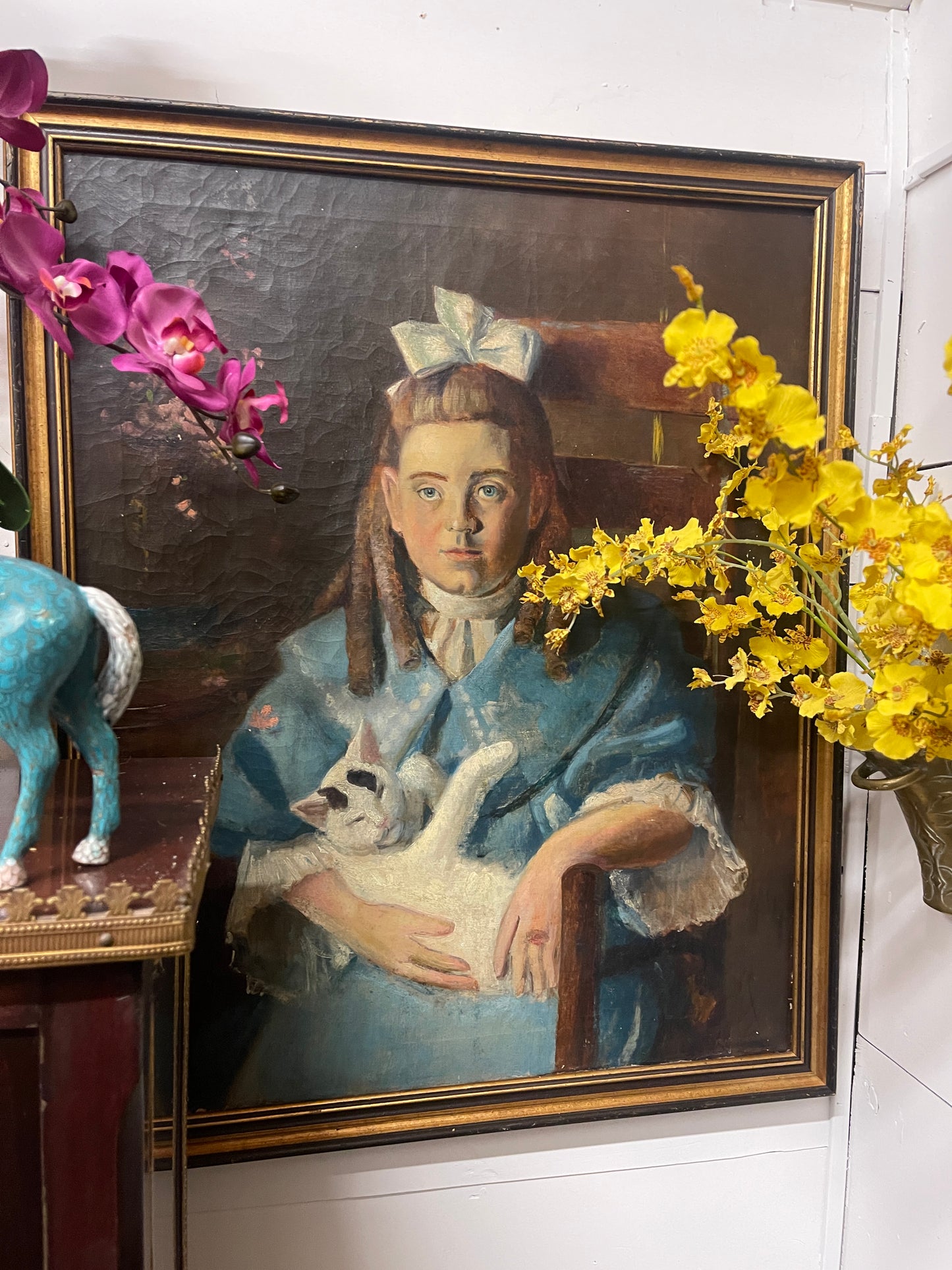 Antique Portrait Oil Painting of Young Girl with White Cat, 19th Century Blue and White Portrait with Bow | Original Antique Portrait Oil Painting