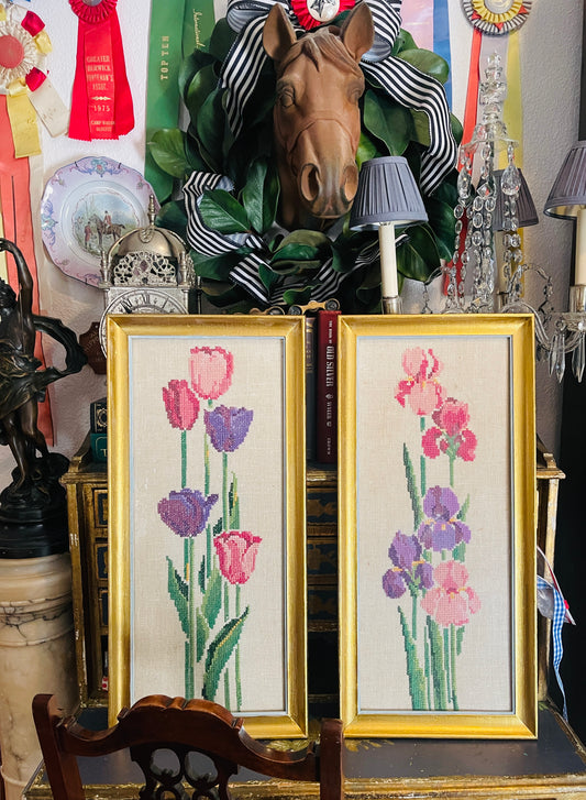 Charming Vintage Tulip Cross Stitch Wall Hanging