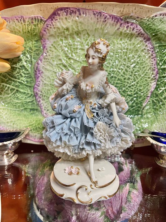 Vintage German Porcelain Dresden-Style Lace Lady Figurine | Volkstedt Style | Blue & White with Bows & Gilding