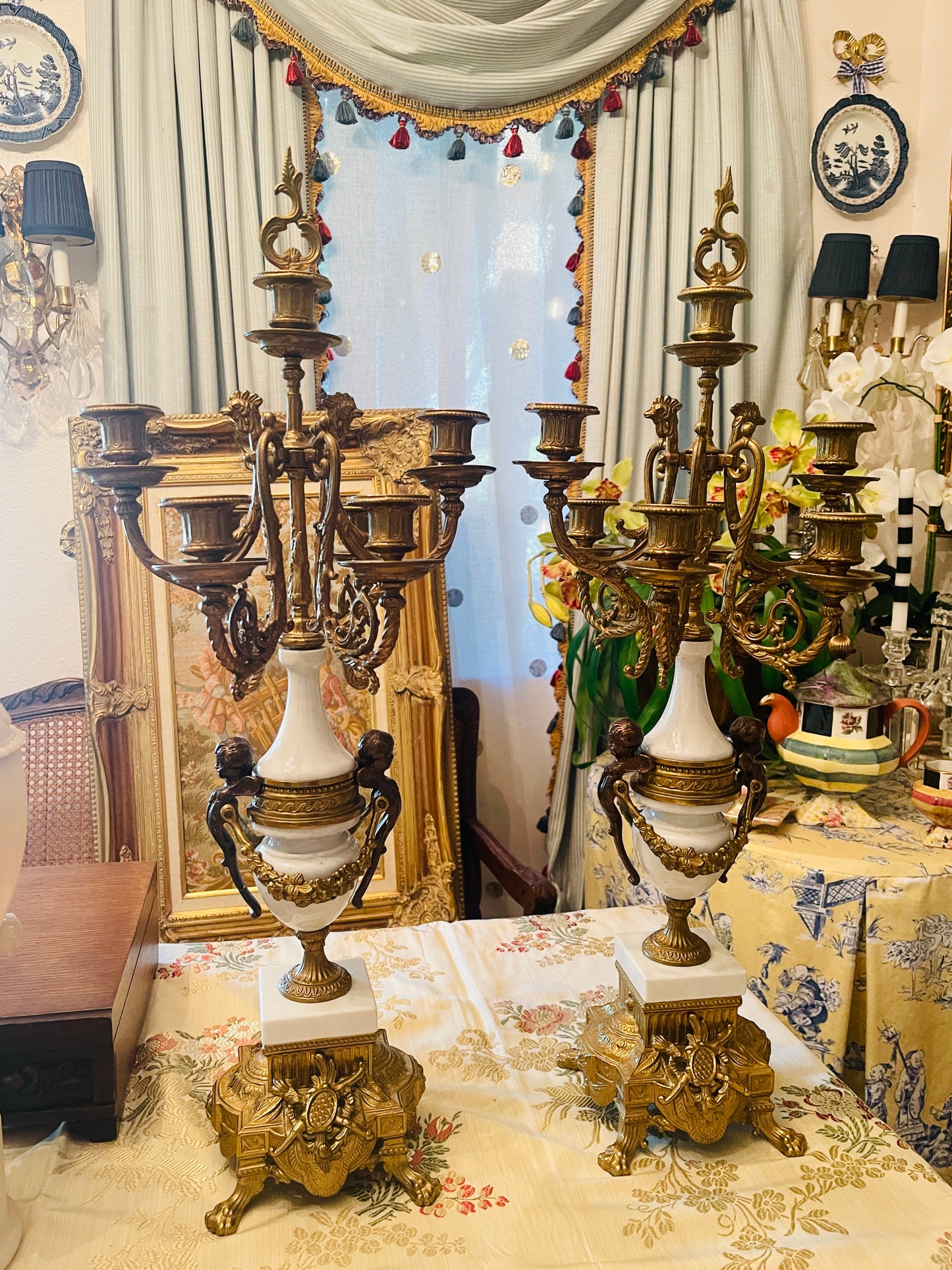 Italian Gilt and Cherub and Acanthus Alabaster Marble and Bronze Candelabras, Pair,