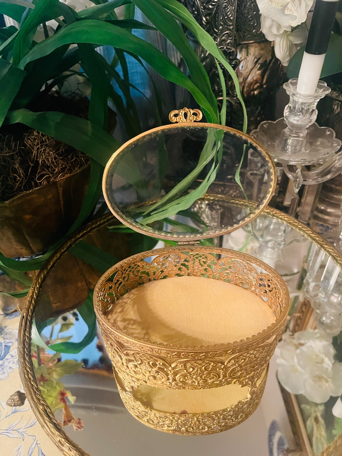 Ornate Round Ormolu & Beveled Glass Jewelry Casket — Vintage Filigree Vanity Box