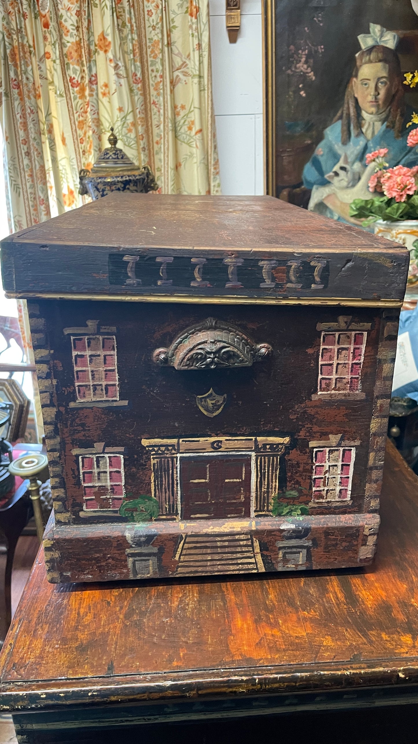 ENGLISH PAINT-DECORATED HOUSE FACADE PINE BLANKET BOX / STORAGE CHEST