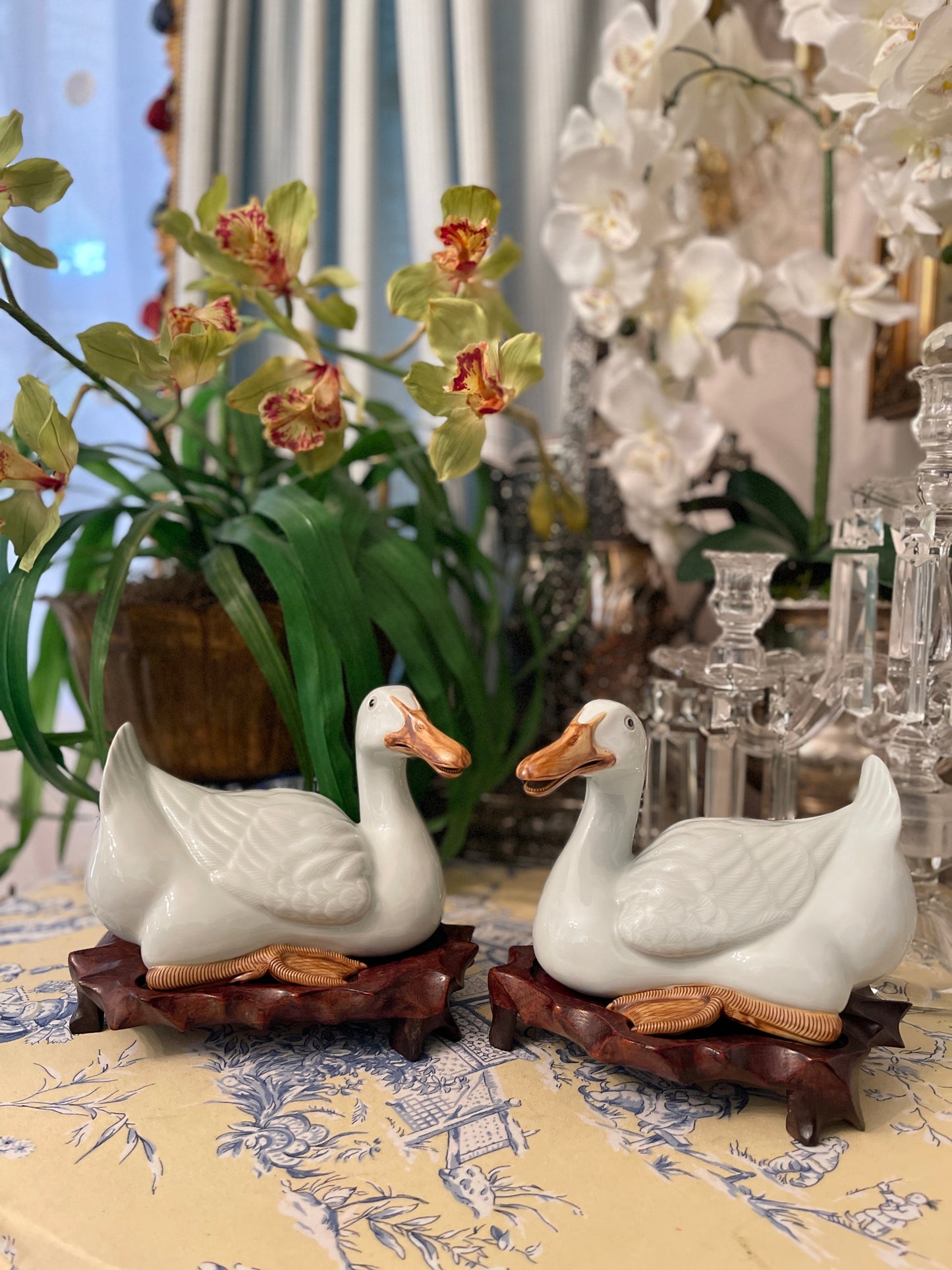 Pair of 20th Chinese Export Celadon Glazed Porcelain Pekin Ducks on Teak Stands