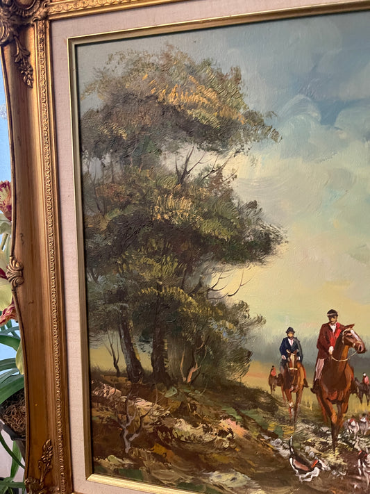 20th-Century Impressionist Hunt Scene, Equestrian Oil Painting in Ornate Gilt Frame, Artist Signed, Round Top Find