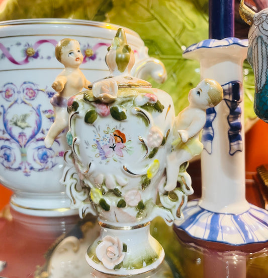 Vintage Rococo-Style Putti Porcelain Urn | Hand-Painted with Applied Flowers