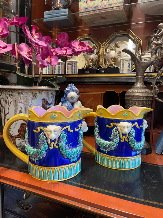Fitz and Floyd Majolica-Style Pitcher – Monkey Head & Grape Vine Relief | In the Manner of George Jones, TWO AVAILABLE