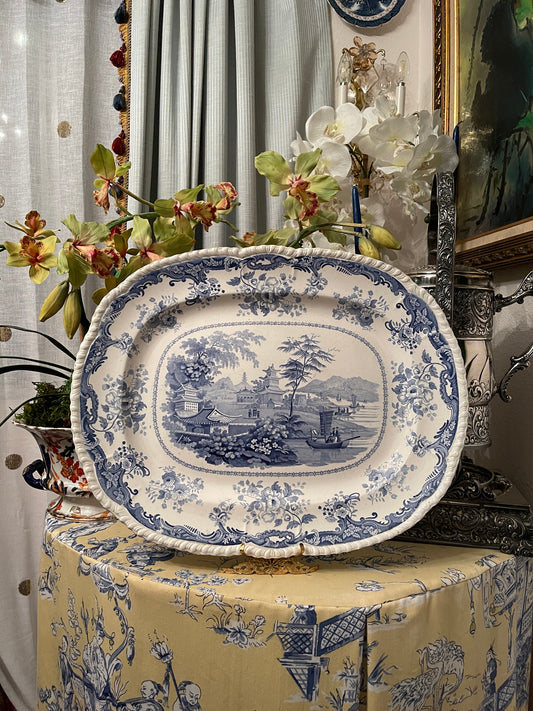 Antique 19th Century Minton Chinese Marine Opaque Blue and White Chinoiserie Platter, XLARGE