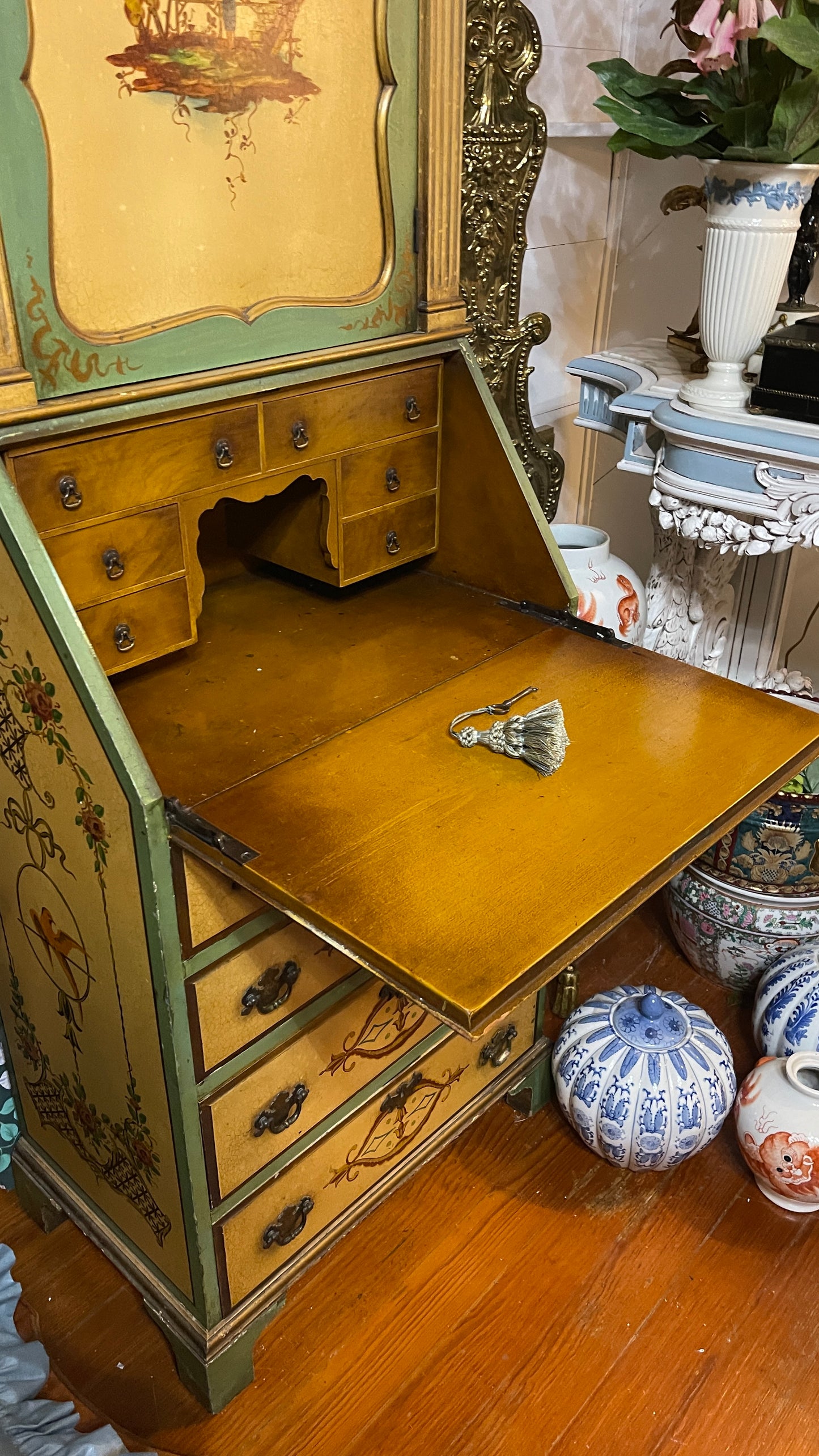 Vintage Hand-Painted Chinoiserie Secretary Desk