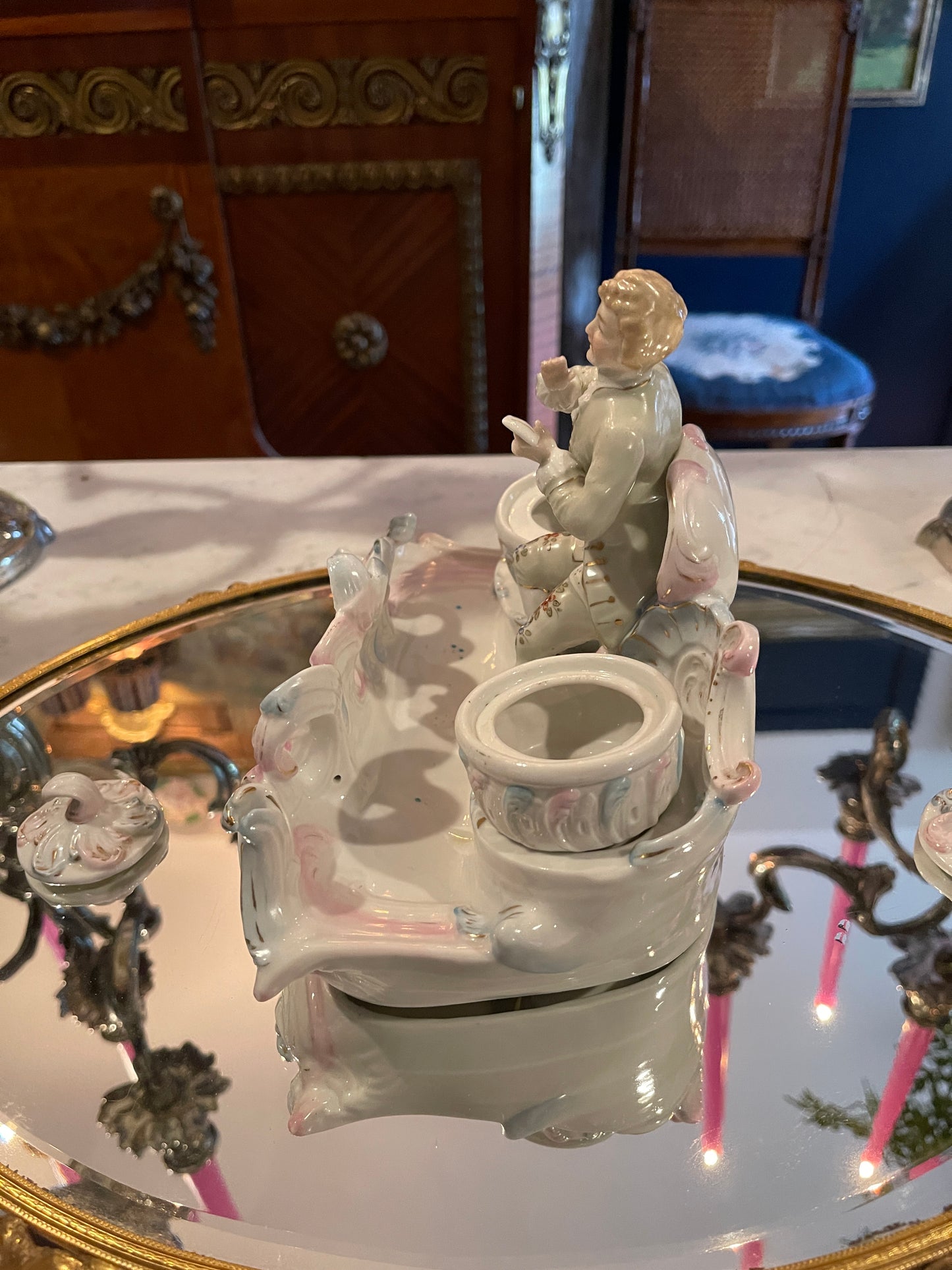 French Rococo-Style Porcelain Figural Inkwell with Lidded Inkwells