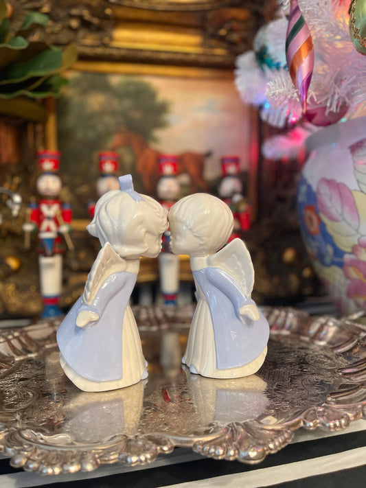 Blue and White Kissing Angels, Handpainted, Vintage