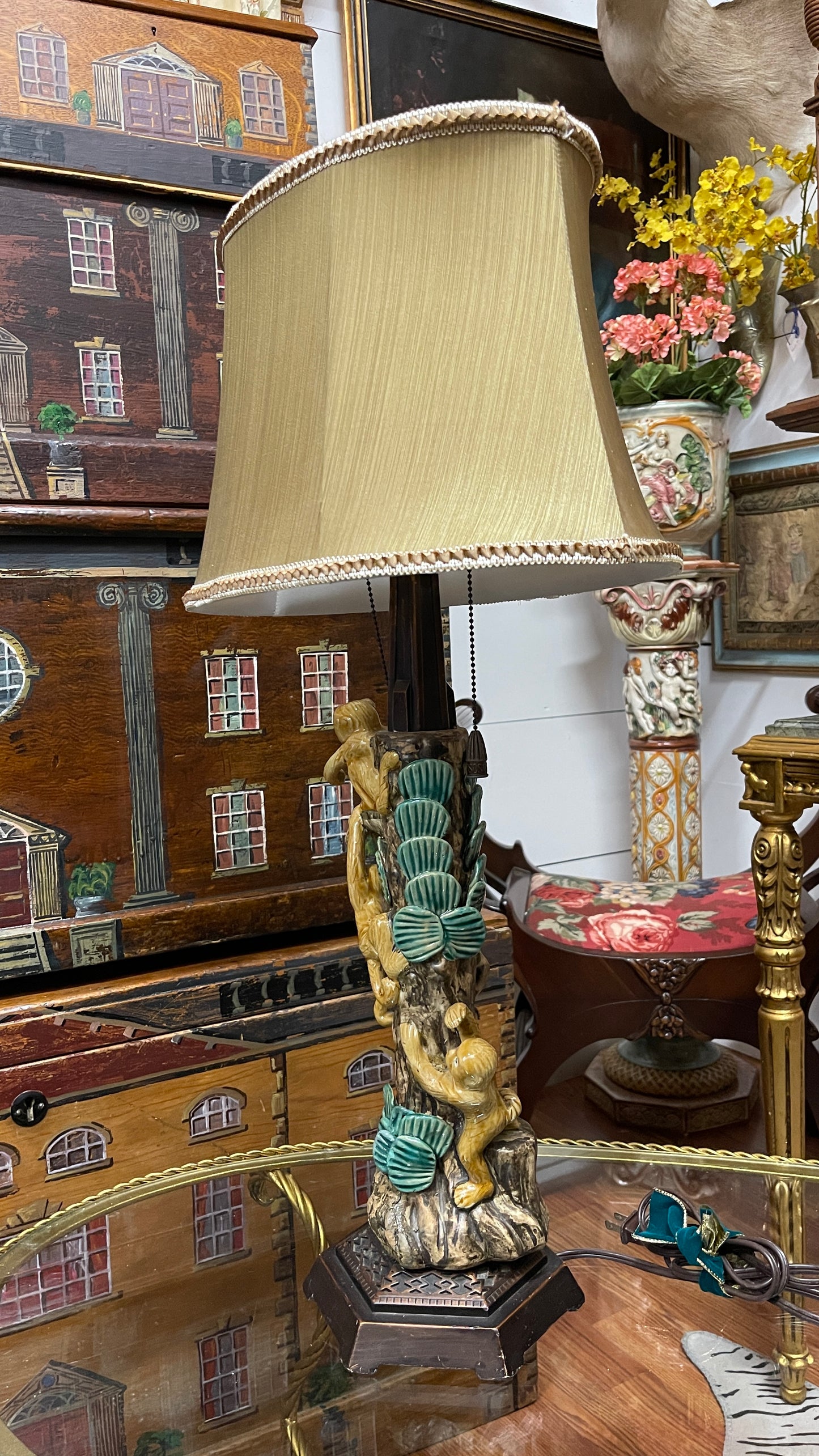 Vintage Majolica-Style Three Climbing Monkeys Lamp |