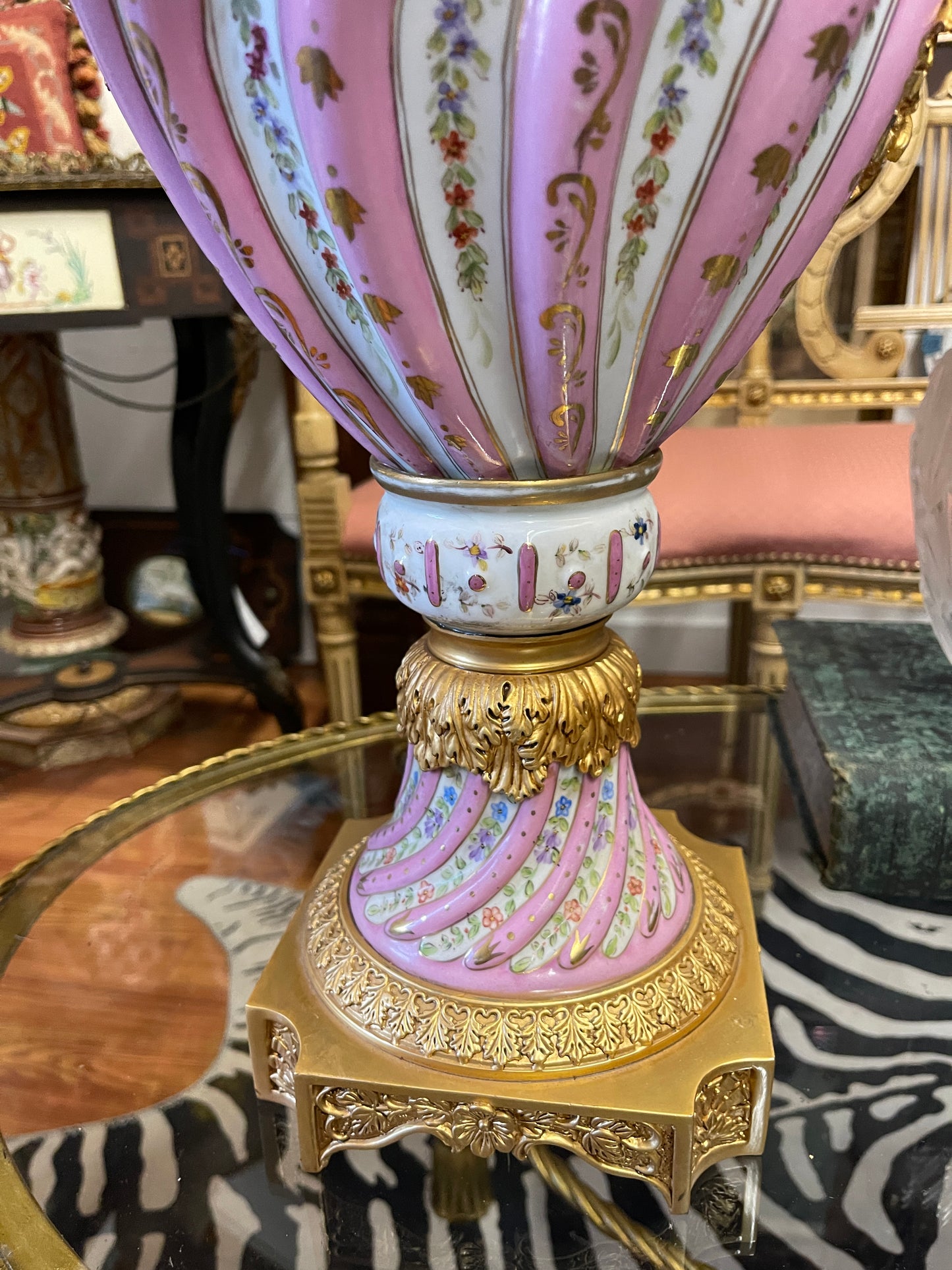 Monumental Pastel Porcelain Urns with Gilt Mounts|Pair | Grand Decorative Statement Vessels