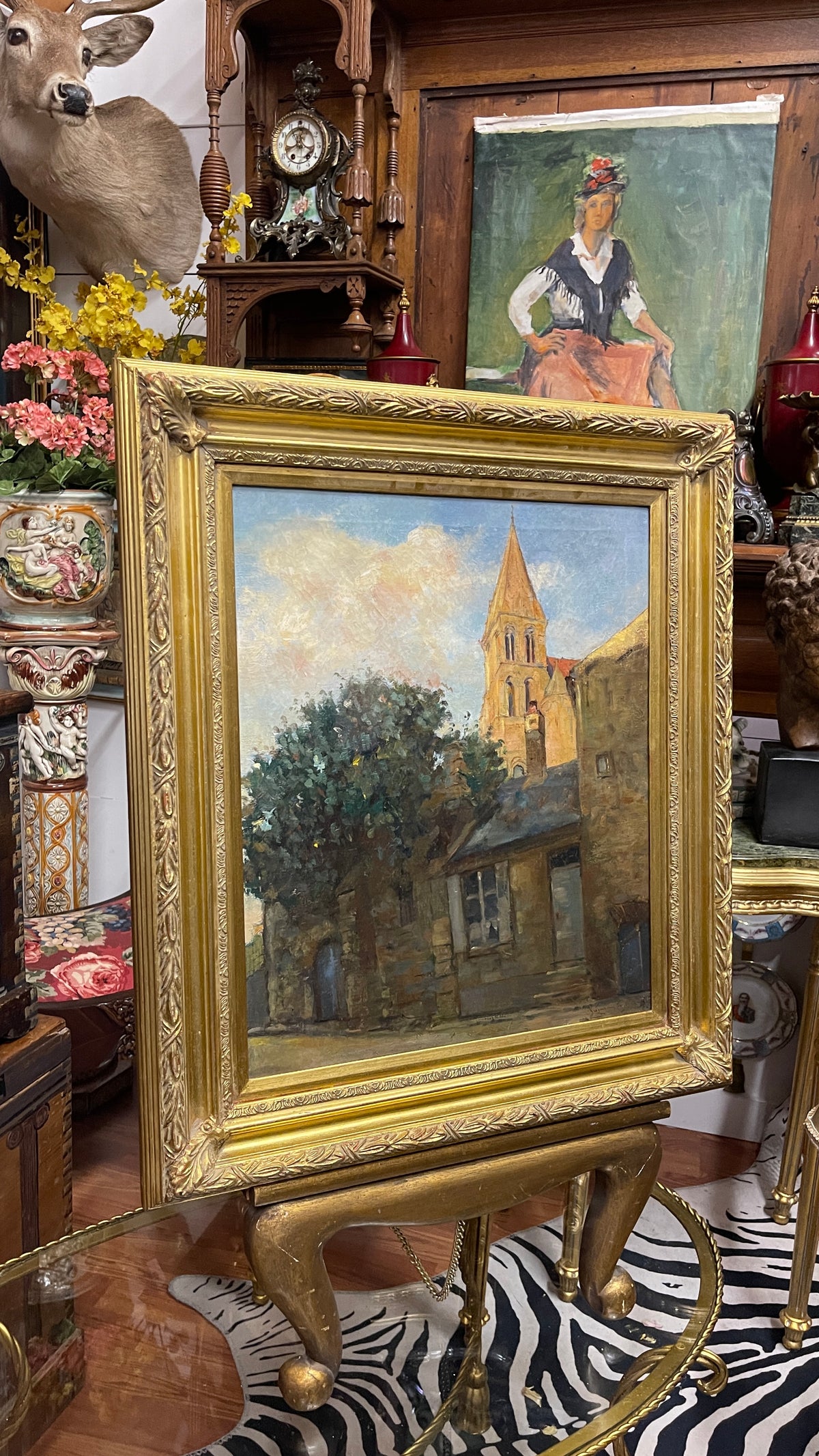 European Church Landscape Oil Painting, Gregor von Bochmann Artist Signed, 19th Century