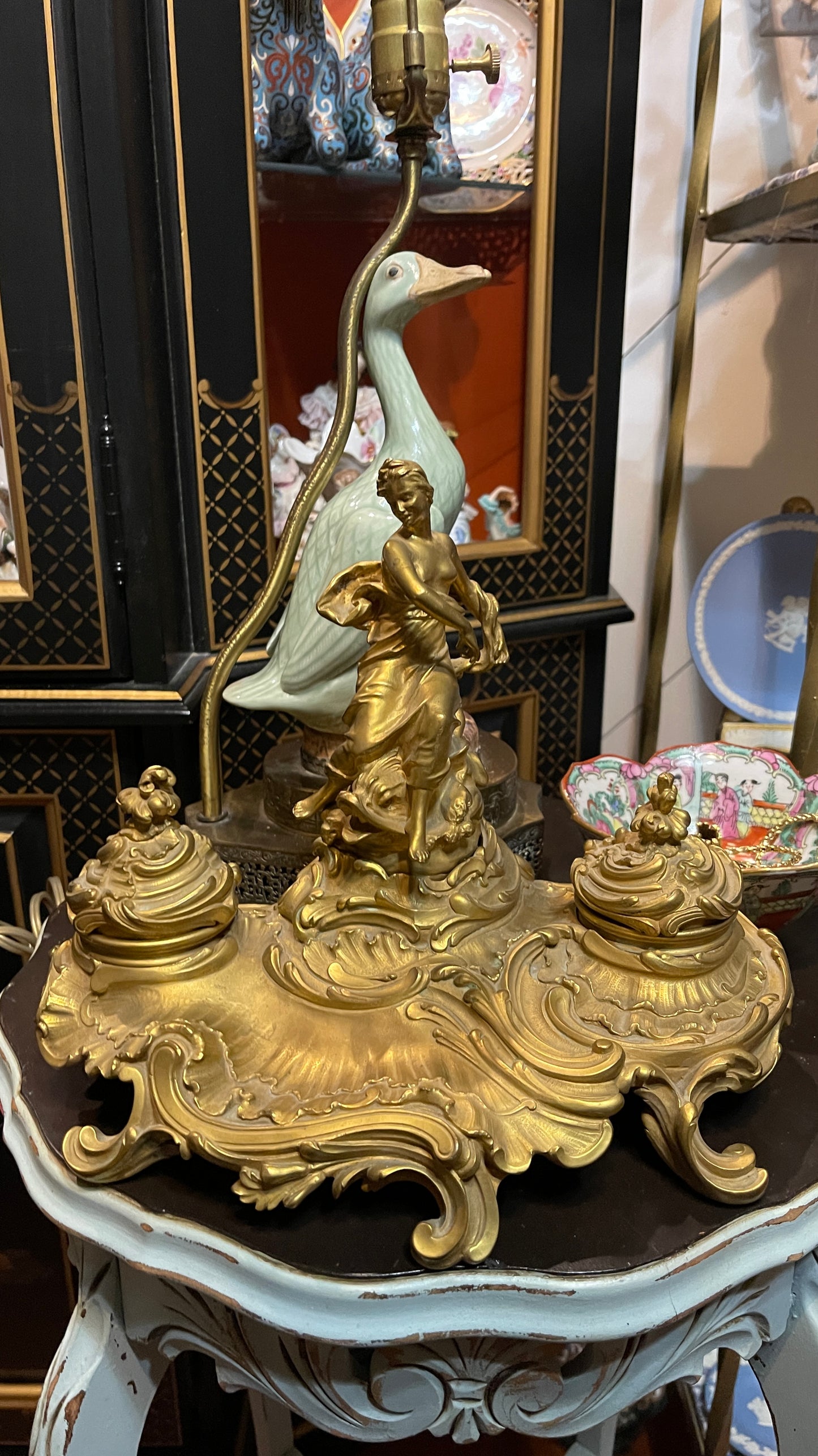 Antique French Gilt Bronze Figural Double Inkwell | Rococo Style