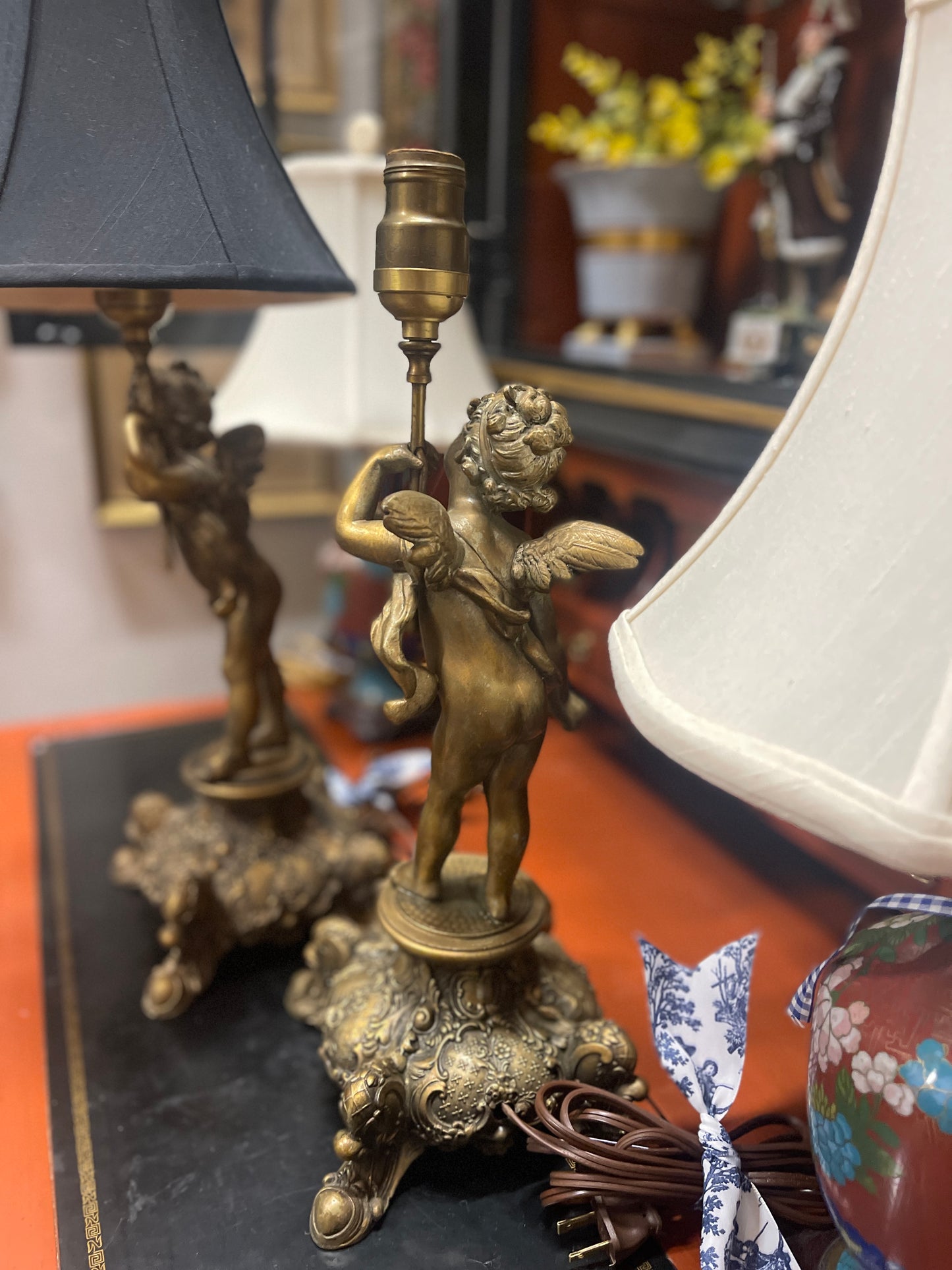 Antique French Gilt Spelter Figural Cherub Lamp, Late 19th Century, Two Available 

Two Available