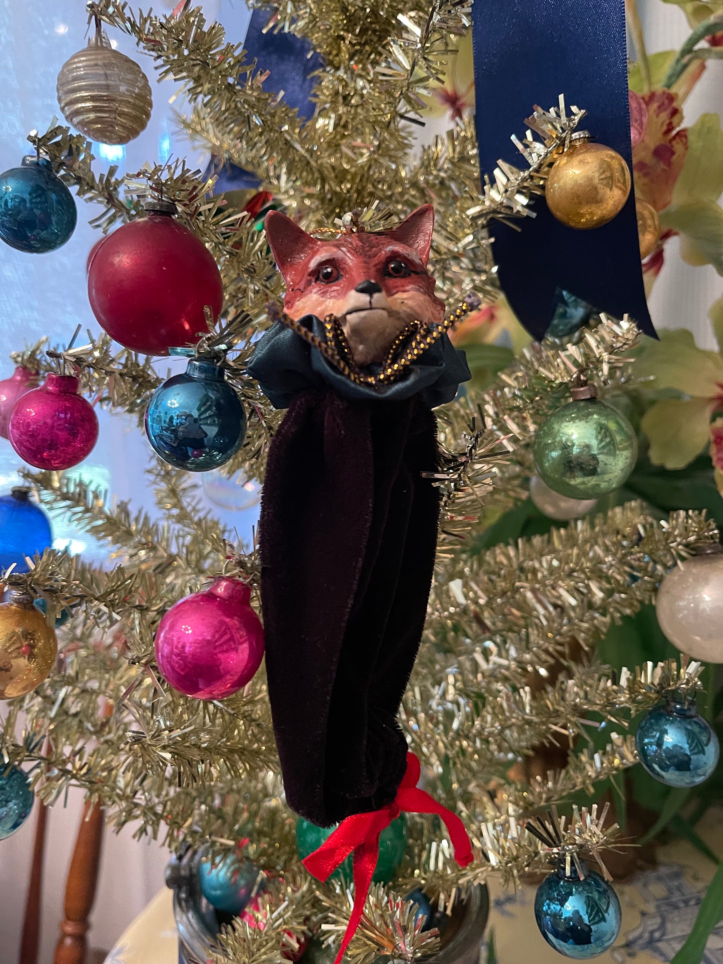 Fox Ornament with Green Collar and Black Velvet Sack Body