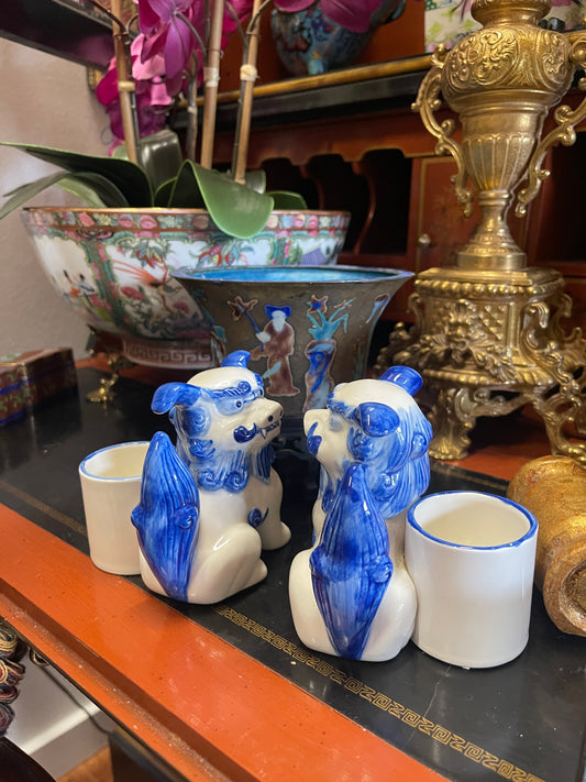 Blue and White Foo Dog Horchow Candle Holders | Chinoiserie Décor