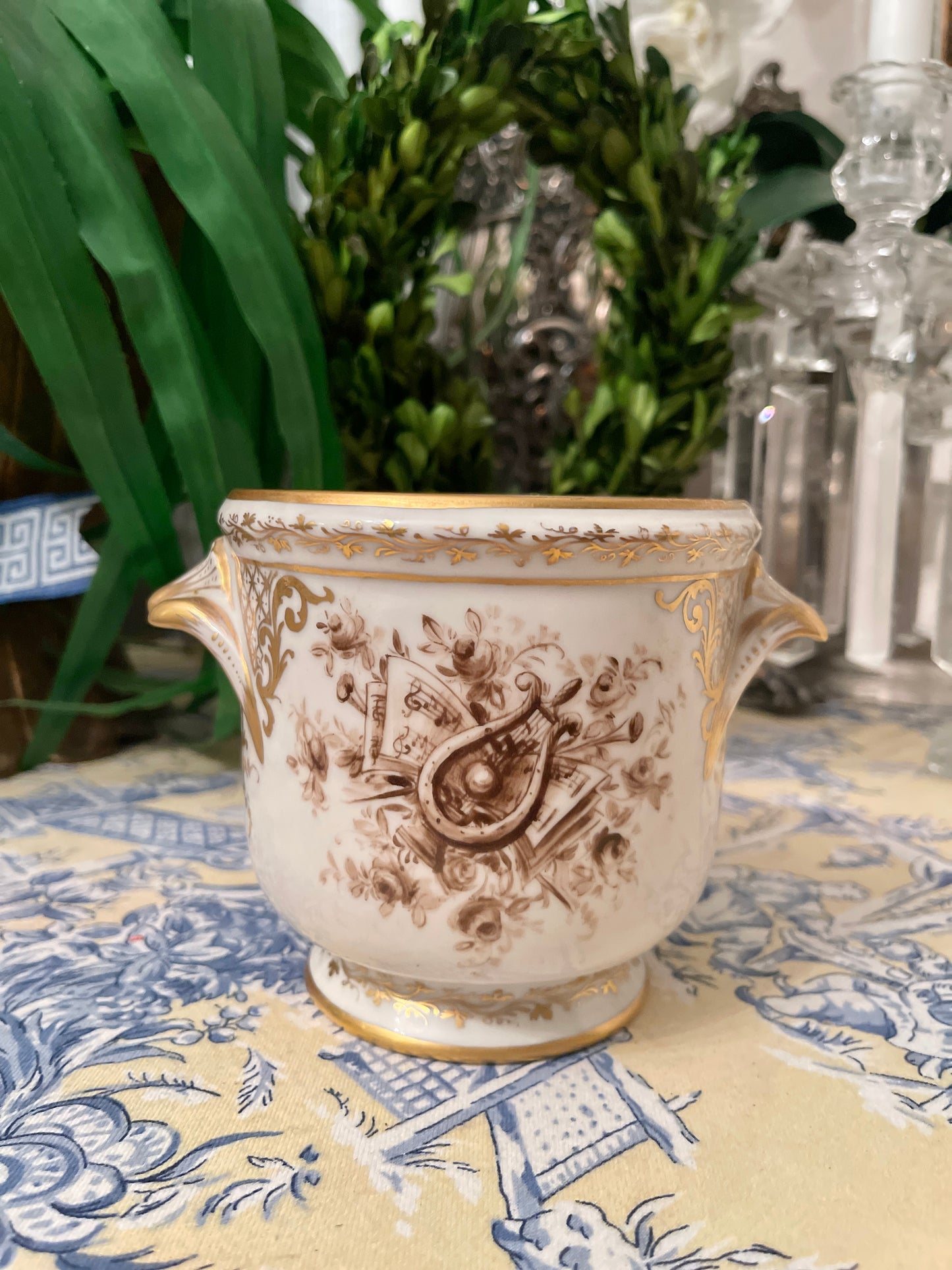 French LE TALLEC Cachepot, Brown and white with Gilt Detail, Shell Handles, Hand Painted