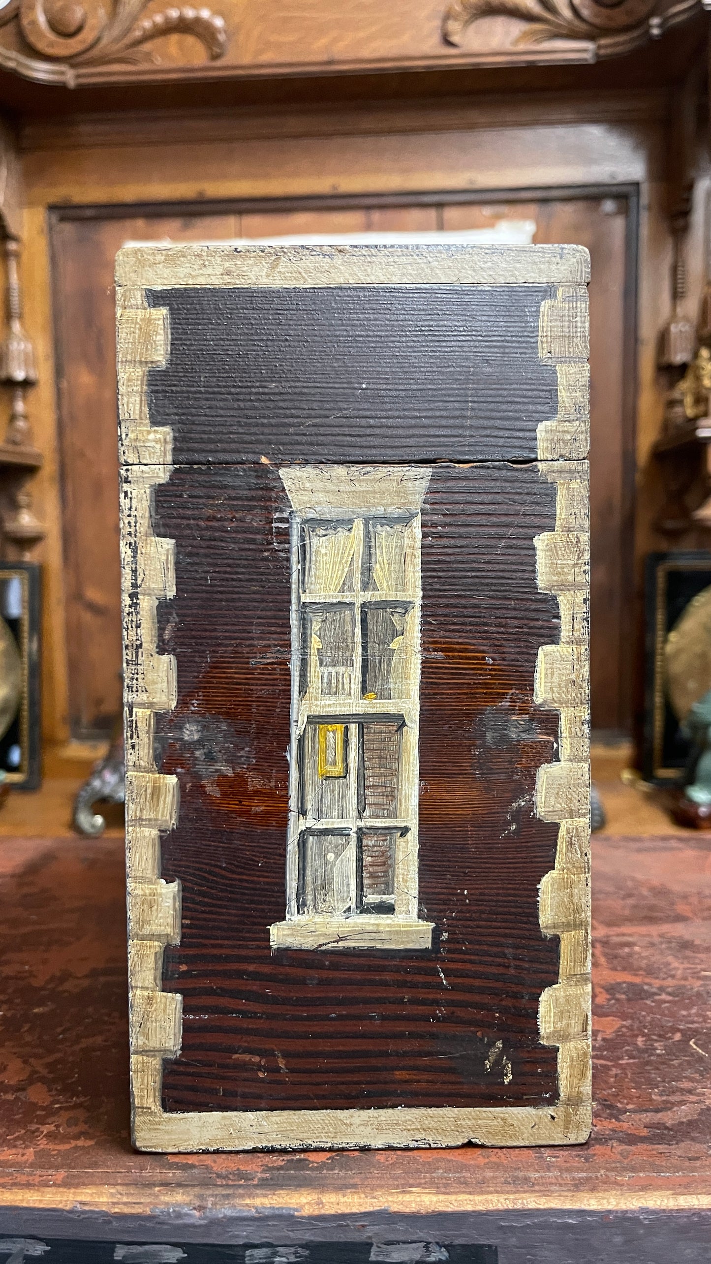 19th Century English Paint-Decorated Table Box with Topiaries, Georgian Townhouse Façade | English Folk Art Storage Box
