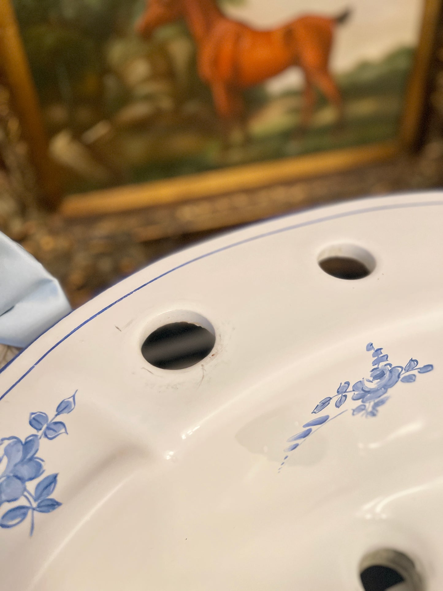 Blue and White Vintage Porcelain Vanity Sink, Hand Painted