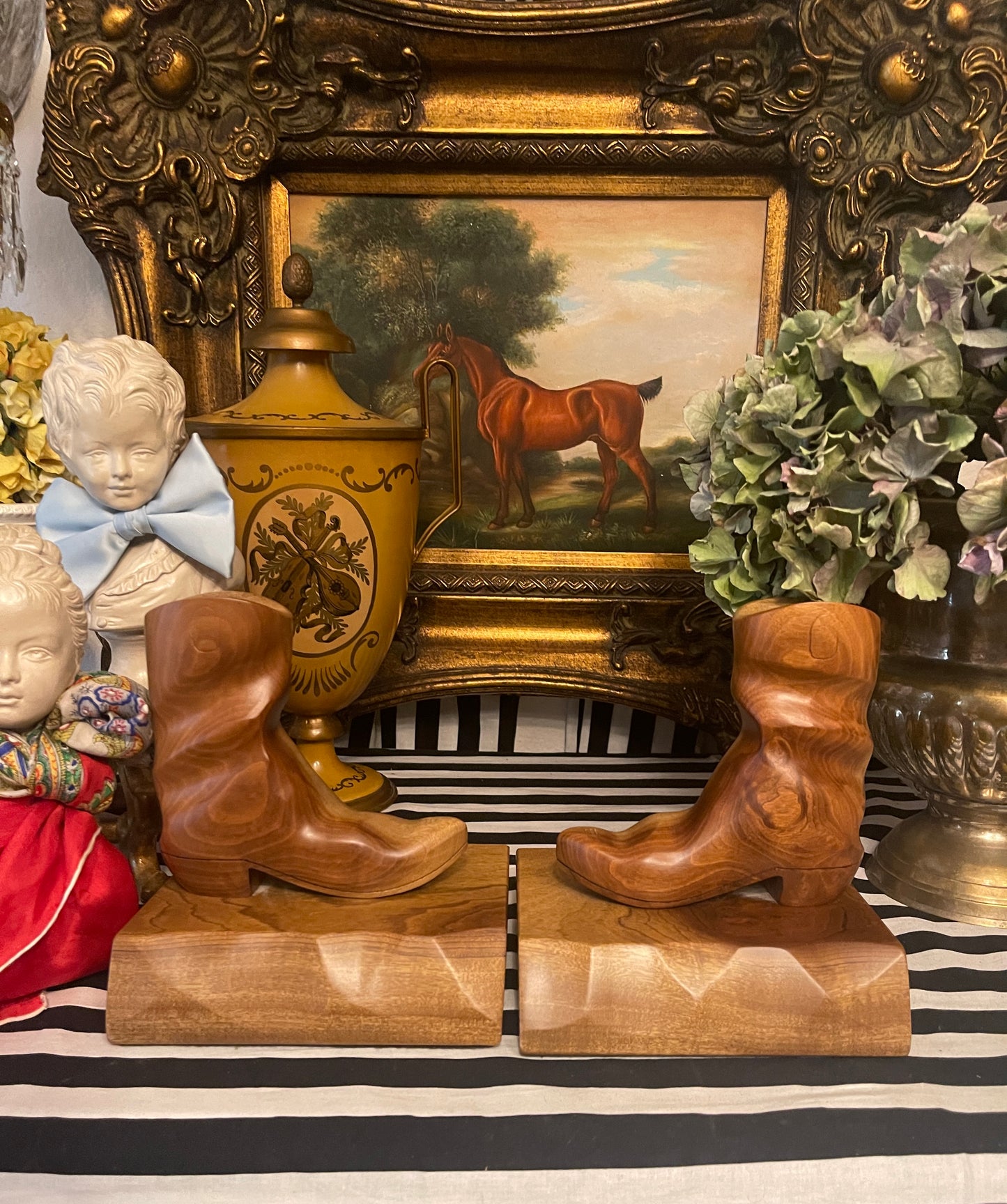 Vintage Carved Myrtlewood Cowboy Boot Bookends on Wood Base