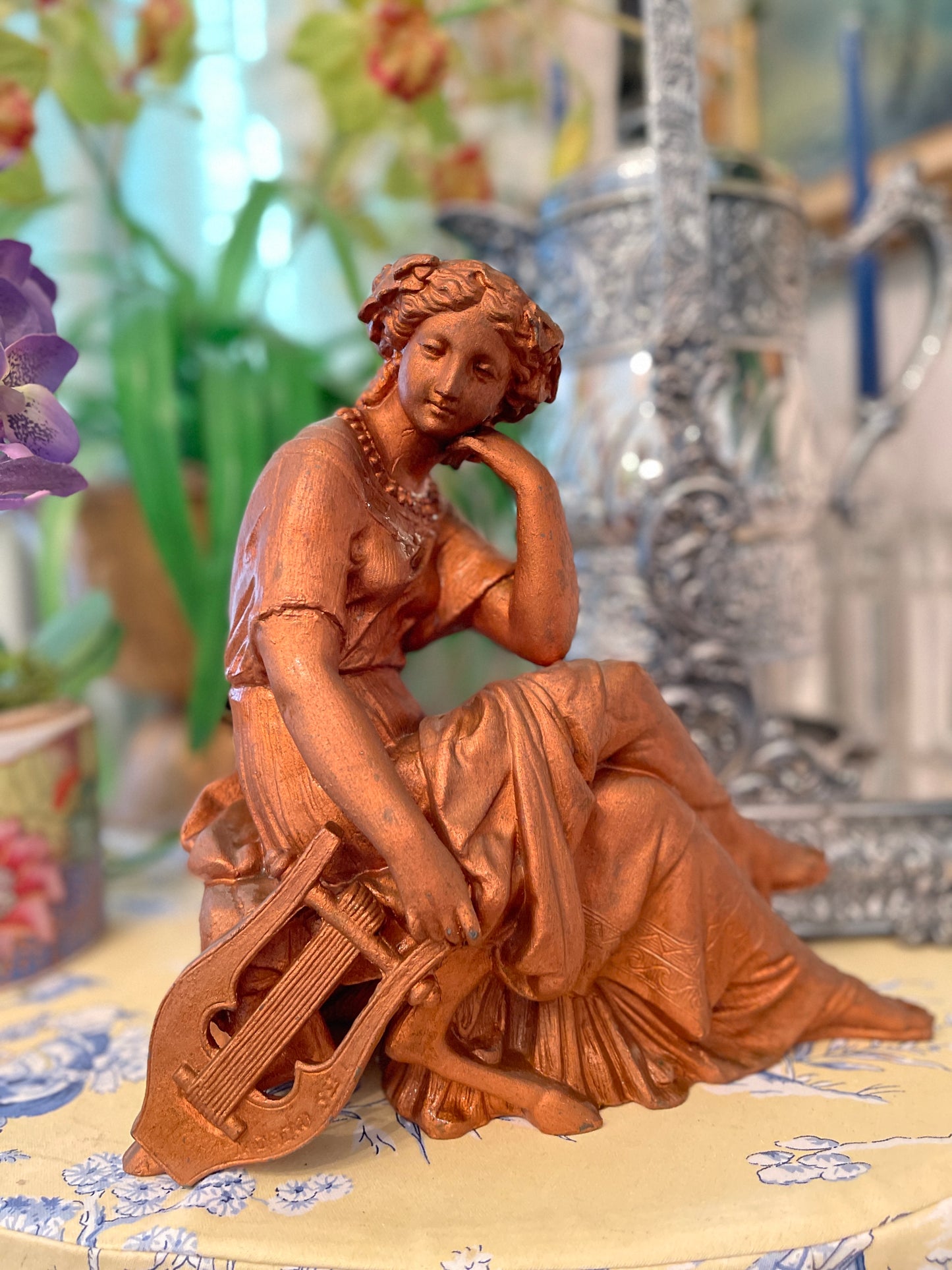 Antique Metal Erato, the Greek Muse of Love Clock Topper, Neoclassical Decor