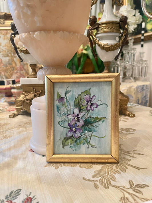 Bushel of Violets on Blue, Vintage Painting, Lavender Flowers Painting, Artist Signed