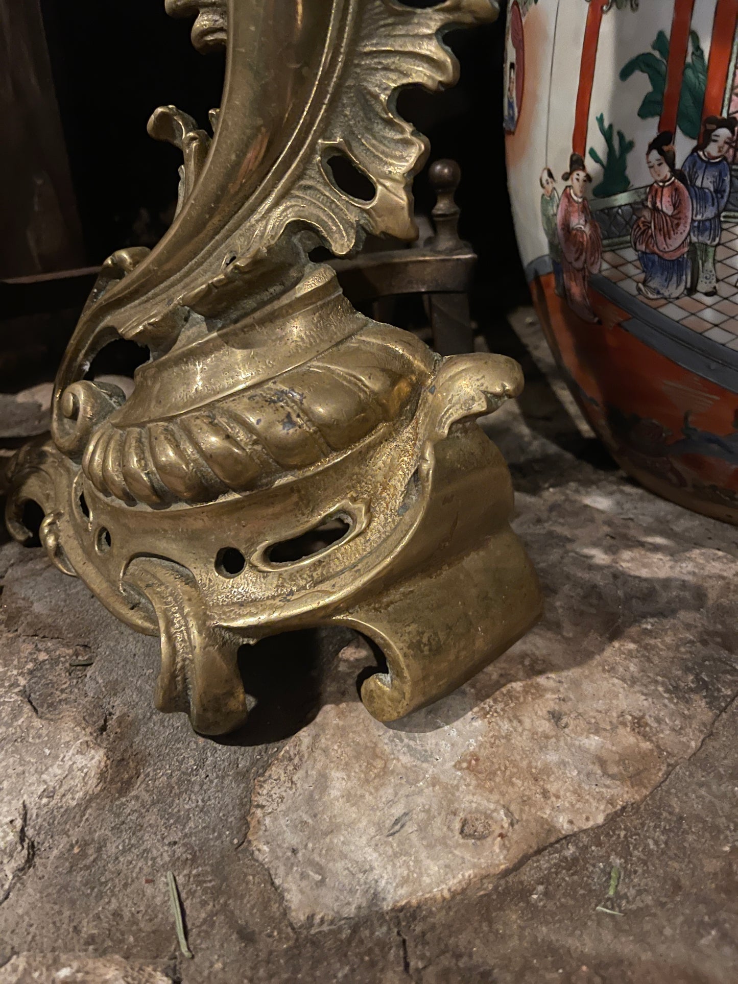 Antique Sheffield, New York Gilt Brass Andirons | Rococo Revival Fireplace Andirons | Sourced in Memphis| Heirloom Estate Decor