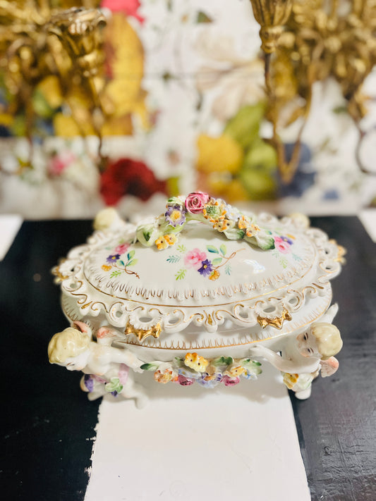 Antique French Porcelain Camille Naudot Figural Cherubs Lidded Dish Made in France