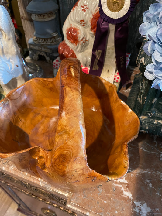 Vintage Burl Wood Basket Bowl with Handle, Round Top Find