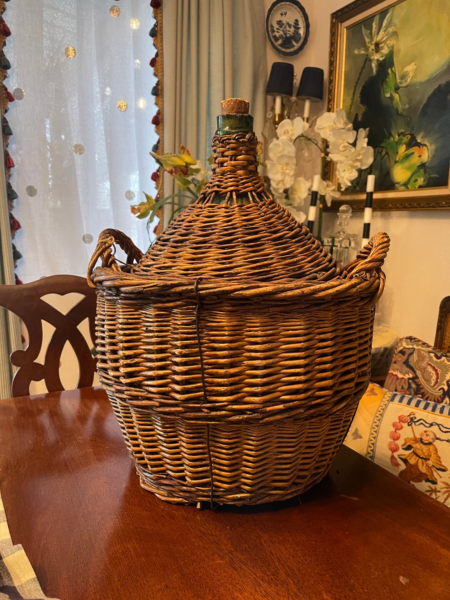 Vintage Demijohn Carboy Wine Jug — Green Glass with Handwoven Wicker Cover & Original Cork