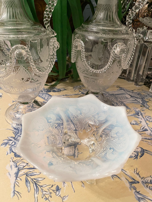 Northland Opalescent Inverted Fan and Feather Footed Bowl, C. Early 1900s