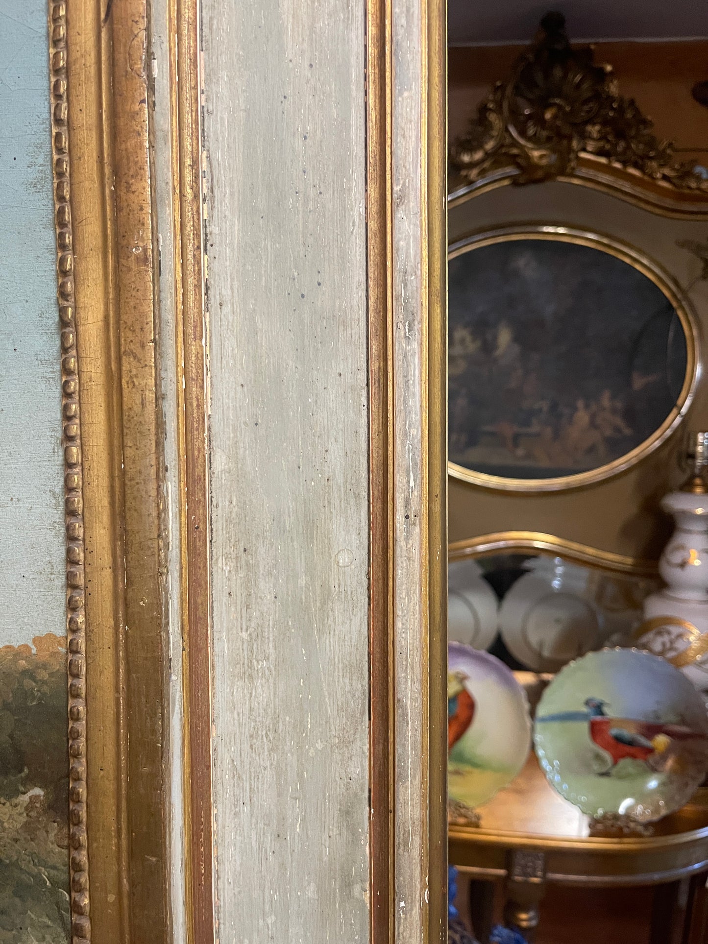 19th Century French Trumeau Mirror with Pastoral Oil Painting – Louis XVI Style Giltwood Frame