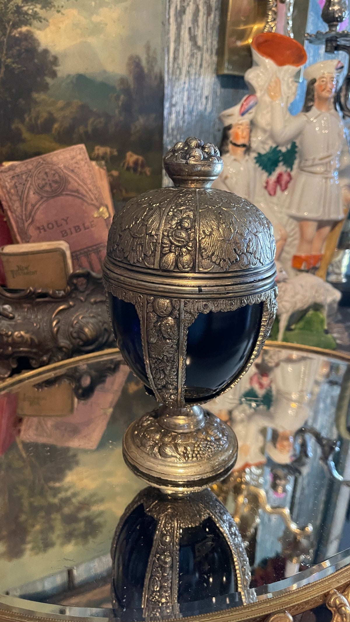 Cobalt & Abundance — Blue Glass Covered Urn with Floral & Fruit Metalwork | 8.5” H × 4” W