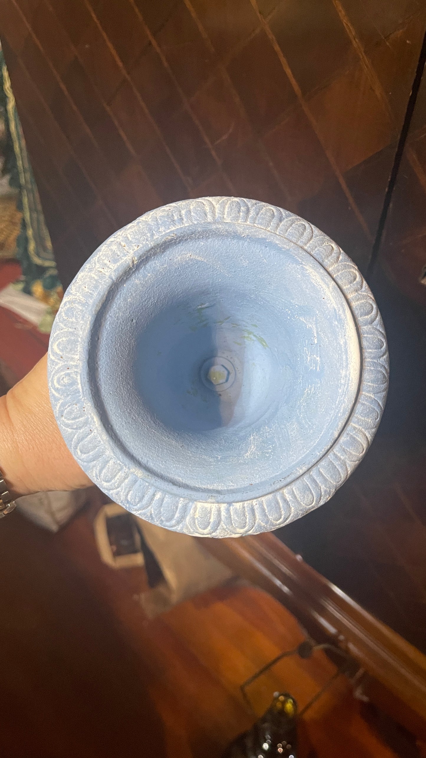 Vintage Cast Iron Lion Mask Urn with Custom Blue & White Finish
