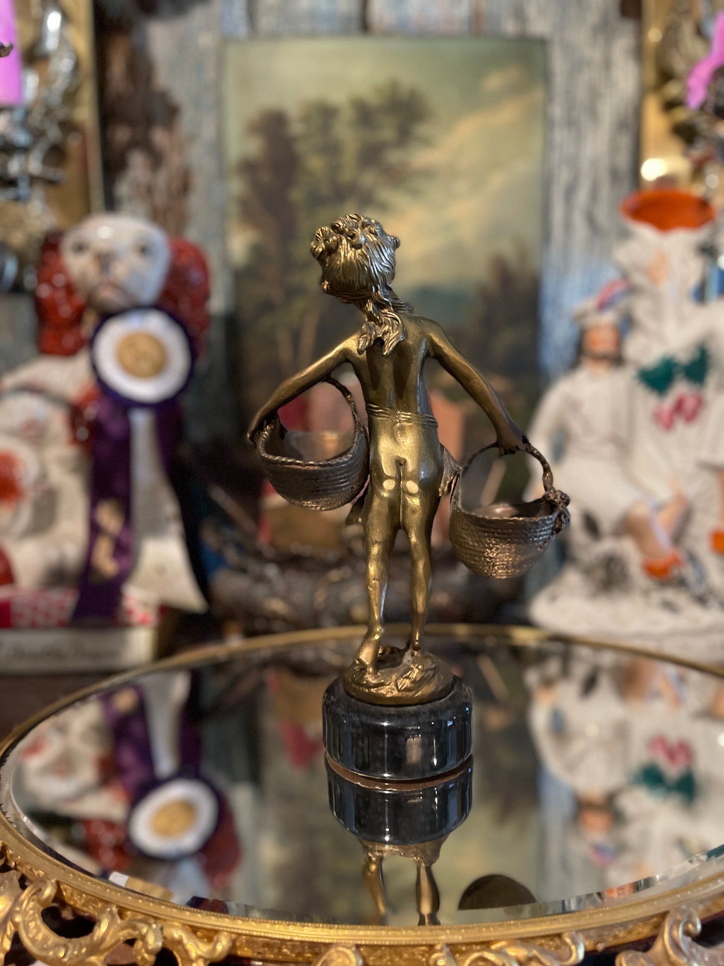 Patinaed Brass Figural Statue with Flower Baskets on Dark Marble Style Metal Base, Estate-Sourced, Vintage