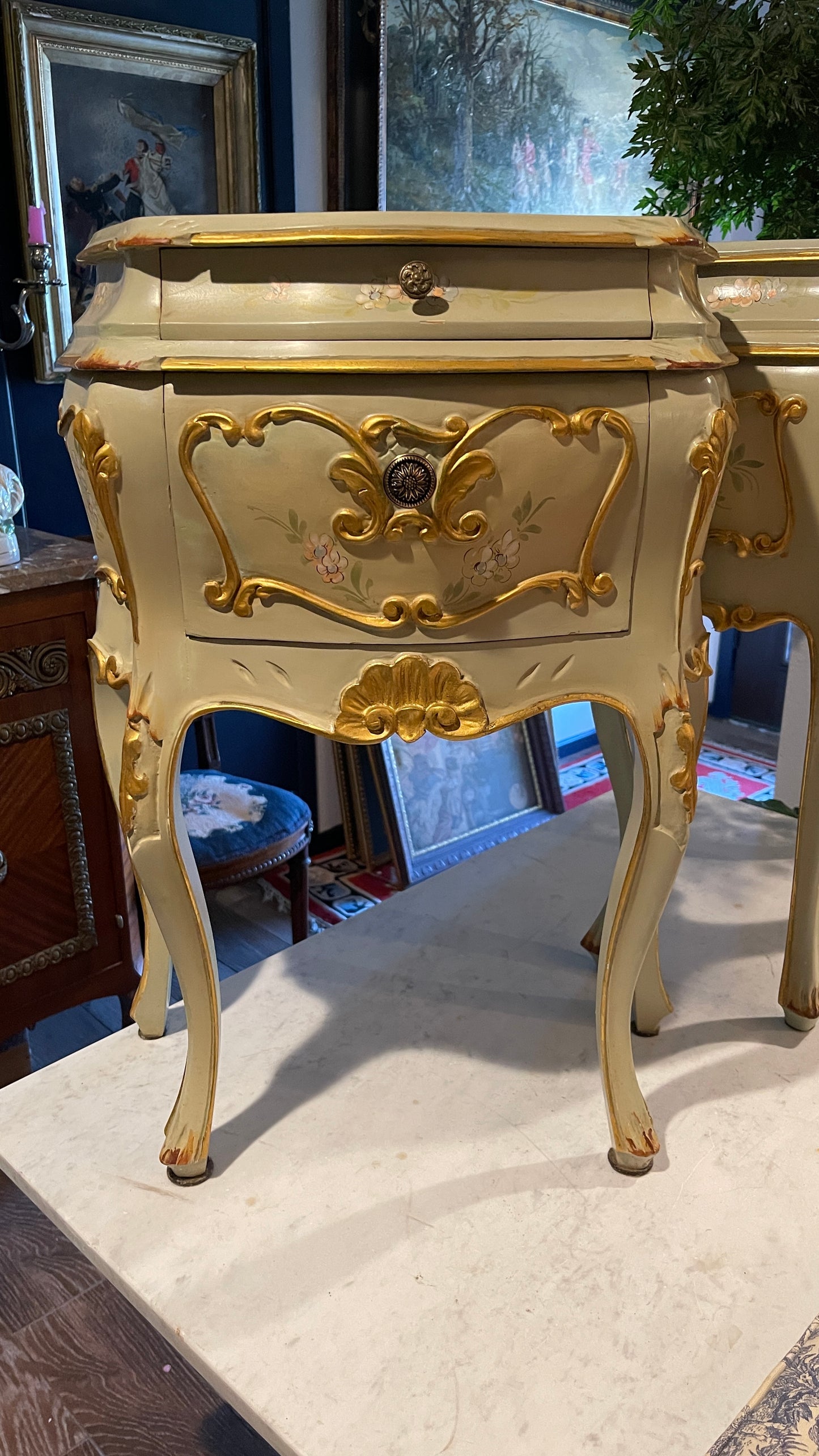 Vintage Pair of Louis XV Style Hand-Painted Bombe Bedside Cabinets | French Blue-Green Accent Chests